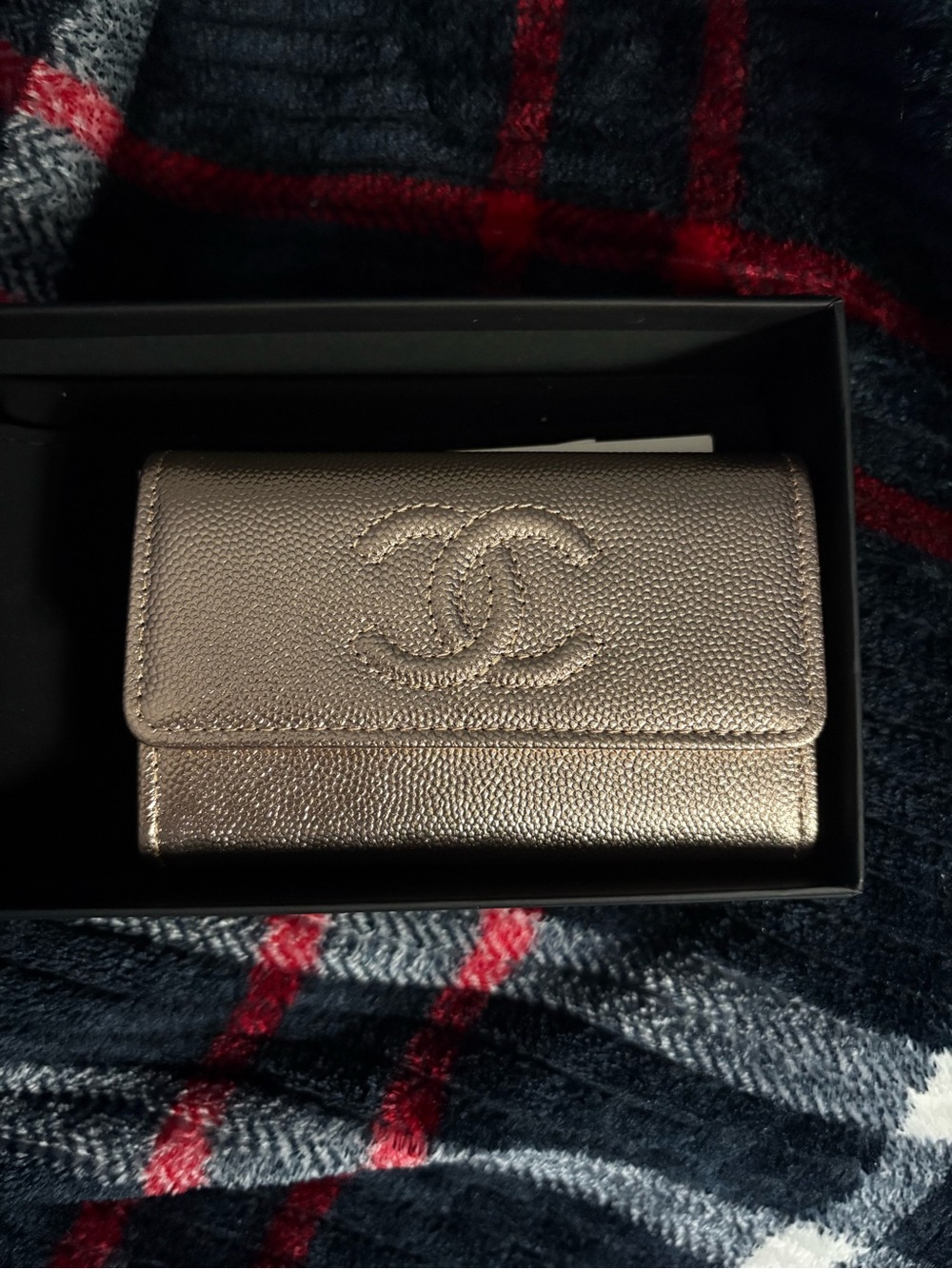 CHANEL Metallic Bronze CC Embossed Leather Card Holder